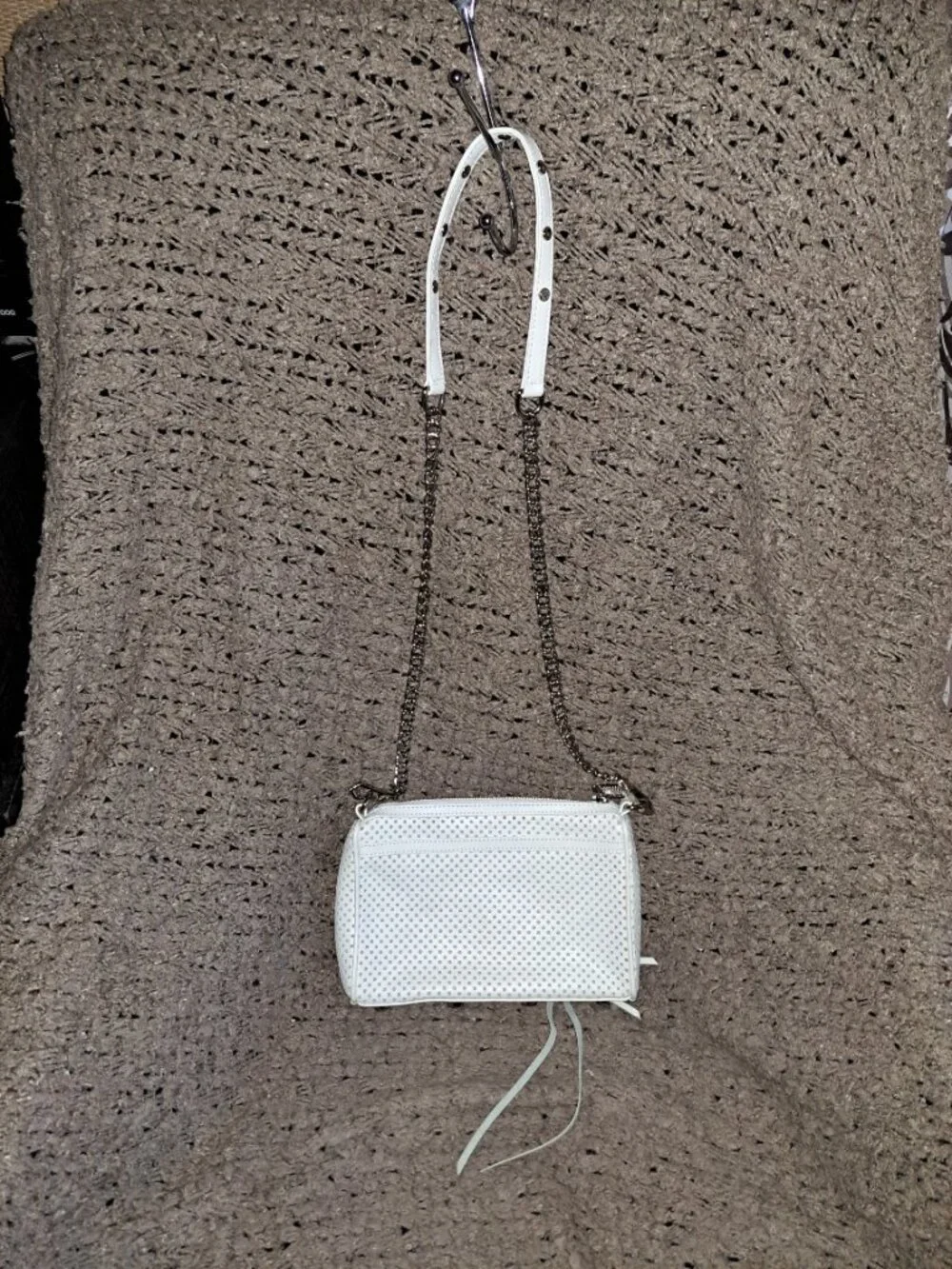 REBECCA MINKOFF-Blythe Crossbody-White Perforated Leather-Fringe Zips-Near Mint